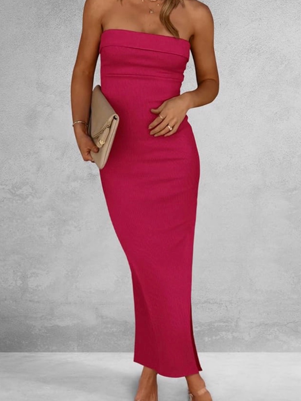 NWT PrettyGarden Pink Strapless Ribbed Maxi Dress XS Tube Bodycon Slit